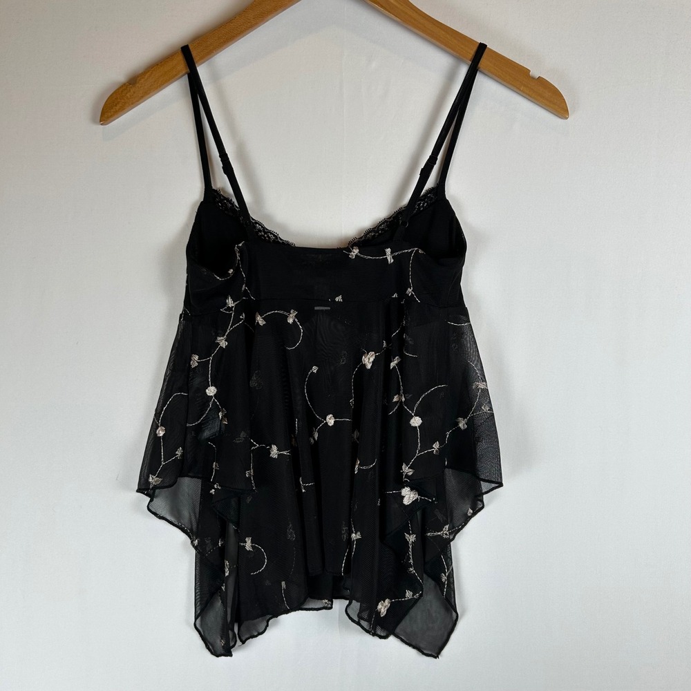 Urban Outfitters Black Mesh Floral Embroidered Handkerchief Hem Camisole Top XS - Picture 2 of 9